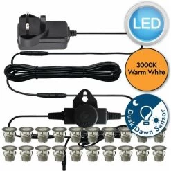 Elegant Store 35 Set Of 20 - 30mm Stainless Steel IP67 Warm White LED Decking Kit With Dusk Til Dawn Photocell Sensor