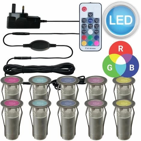 Set Of 10 - 15mm Stainless Steel IP67 RGB Colour Changing LED Plinth Decking Kit 1 Set Of 10 - 15mm Stainless Steel IP67 RGB Colour Changing LED Plinth Decking Kit