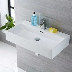 Milano Elswick - Modern White Ceramic Rectangular Countertop Or Wall Mounted Bathroom Basin Sink – 750mm X 420mm 7 Milano Elswick - Modern White Ceramic Rectangular Countertop Or Wall Mounted Bathroom Basin Sink – 750mm X 420mm -Elegant Store 15473693 3