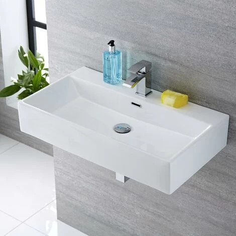 Milano Elswick - Modern White Ceramic Rectangular Countertop Or Wall Mounted Bathroom Basin Sink – 750mm X 420mm 3 Milano Elswick - Modern White Ceramic Rectangular Countertop Or Wall Mounted Bathroom Basin Sink – 750mm X 420mm - Image 3