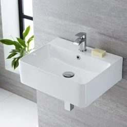 Milano Farington - Modern 520mm X 420mm White Ceramic Rectangular Countertop Wall Mounted Hung Bathroom Basin Sink – Basin Only 7 Milano Farington - Modern 520mm X 420mm White Ceramic Rectangular Countertop Wall Mounted Hung Bathroom Basin Sink – Basin Only -Elegant Store 15473695 3