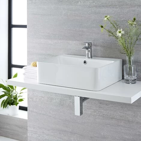 Milano Farington - Modern 520mm X 420mm White Ceramic Rectangular Countertop Wall Mounted Hung Bathroom Basin Sink – Basin Only 4 Milano Farington - Modern 520mm X 420mm White Ceramic Rectangular Countertop Wall Mounted Hung Bathroom Basin Sink – Basin Only - Image 4