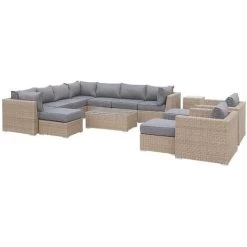 Ready Assembled 14-seater Deluxe Polyrattan Modular Corner Garden Sofa Set - Sofa, 2 Armchairs, 3 Footrests, Coffee Table - Verona - Beige Rattan, Charcoal Grey Cushions
