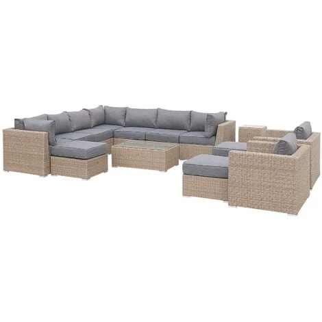 Ready Assembled 14-seater Deluxe Polyrattan Modular Corner Garden Sofa Set - Sofa, 2 Armchairs, 3 Footrests, Coffee Table - Verona - Beige Rattan, Charcoal Grey Cushions 1 Ready Assembled 14-seater Deluxe Polyrattan Modular Corner Garden Sofa Set - Sofa, 2 Armchairs, 3 Footrests, Coffee Table - Verona - Beige Rattan, Charcoal Grey Cushions