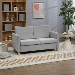 HOMCOM Double Seat Sofa Linen Upholstery Loveseat Couch W/ Armrests, Light Grey -Elegant Store 15918549 3