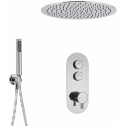 Milano Orta - Modern Two Outlet Push Button Thermostatic Shower Mixer Valve With 400mm Round Ceiling Mounted Recessed Rainfall Shower Head And Hand Shower Handset Kit - Chrome