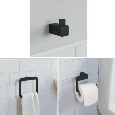 Bathroom WC Set Towel Ring Toilet Roll Holder Robe Hook Black Square Wall Mount 1 Bathroom WC Set Towel Ring Toilet Roll Holder Robe Hook Black Square Wall Mount