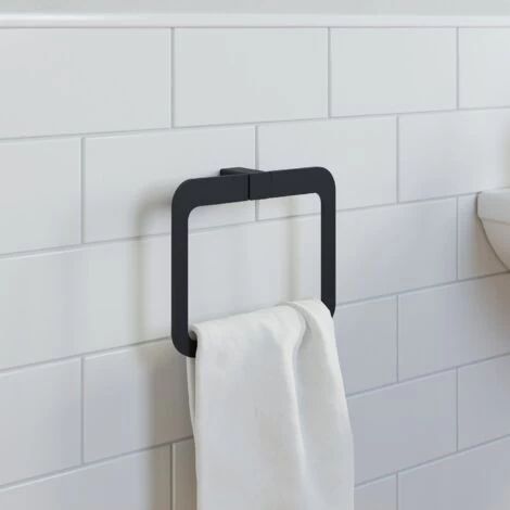 Bathroom WC Set Towel Ring Toilet Roll Holder Robe Hook Black Square Wall Mount 3 Bathroom WC Set Towel Ring Toilet Roll Holder Robe Hook Black Square Wall Mount - Image 3