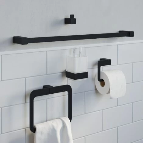 Bathroom WC Set Towel Ring Toilet Roll Holder Robe Hook Black Square Wall Mount 5 Bathroom WC Set Towel Ring Toilet Roll Holder Robe Hook Black Square Wall Mount - Image 5