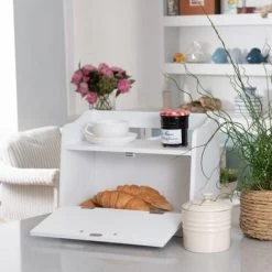 Minack Wooden Bread Bin In White // Freestanding Worktop Storage Box With Shelf 8 Minack Wooden Bread Bin In White // Freestanding Worktop Storage Box With Shelf -Elegant Store 18248071 4