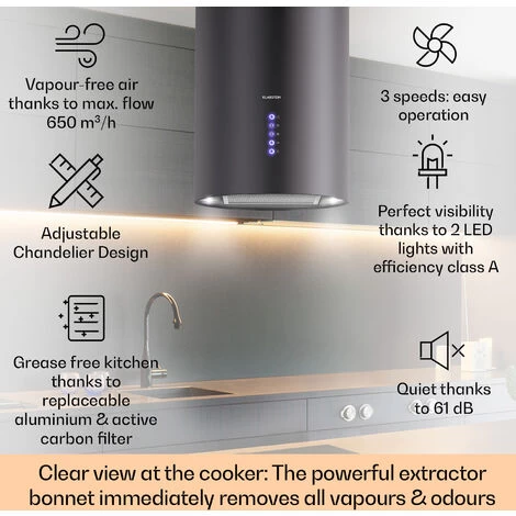 Klarstein Klarstein Beretta Island Cooker Extractor Hood Ø35cm Exhaust / Circulating Air 650m³ / H LED Black 2 Klarstein Klarstein Beretta Island Cooker Extractor Hood Ø35cm Exhaust / Circulating Air 650m³ / H LED Black - Image 2