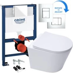 Rimless ECO Wall Hung Toilet Pan, Seat & GROHE 38773000 Rapid 0.82m SL 3-in-1 Low Height WC Cistern Frame Inc. Plate