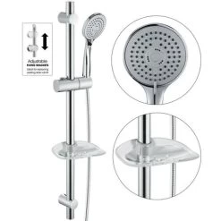 Chrome Stainless Steel Shower Riser Rail Kit + Shower Head + Hose + Soap Dish