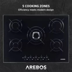 AREBOS Gas Hob 5 Burners Glass Ceramic Incl. Pot Rack & Ignition Fuse Autarkic Suitable For Natural Gas Or Propane Gas Gas Cooker Gas Cooker -Elegant Store 28597997 3
