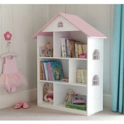 White Dollhouse Bookcase With Pink Roof