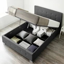 End Lift Ottoman Storage Bed Small Double Black Linen