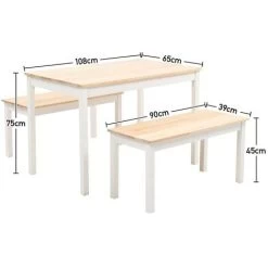 Livingandhome Dining Furniture Sets Set Of 2 Bench With Dining Table Steel Wood, White -Elegant Store 36830988 5