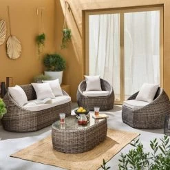 4-seater Designer Round Rattan Garden Sofa Set With 1 Sofa, 2 Armchairs , 1 Coffee Table - Ritardo - Mixed Grey Rattan / Off-white Cushion
