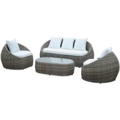 4-seater Designer Round Rattan Garden Sofa Set With 1 Sofa, 2 Armchairs , 1 Coffee Table - Ritardo - Mixed Grey Rattan / Off-white Cushion 7 4-seater Designer Round Rattan Garden Sofa Set With 1 Sofa, 2 Armchairs , 1 Coffee Table - Ritardo - Mixed Grey Rattan / Off-white Cushion -Elegant Store 3933422 3