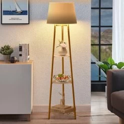 Tall Modern Shelf Floor Lamp Light With 3-tier Open Shelves Gold Metal Frame