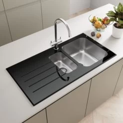 Sauber Kitchen Sink 1.5 Bowl LH Drainer Black Glass Stainless Steel Inset Waste