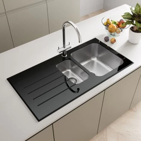 Sauber Kitchen Sink 1.5 Bowl LH Drainer Black Glass Stainless Steel Inset Waste 1 Sauber Kitchen Sink 1.5 Bowl LH Drainer Black Glass Stainless Steel Inset Waste