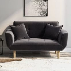 Convertible Sofa Bed 2 Seater Wood Frame, Flannel, Dark Grey