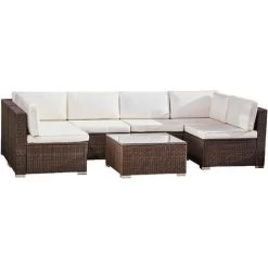 Teamson Home Outdoor Garden Lounge Set, 7 Piece Rattan Garden Furniture Set, Large Garden Corner Sofa, Tempered Glass Tabletop - Brown/Cream