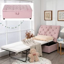 COSTWAY Folding Bed With Mattress, 2-in-1 Convertible Sofa Bed Ottoman, Space-Saving Button Tufted Couch Sleeper Guest Lounger Footstool For Living Room, Bedroom And Office (Pink)