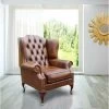 Chesterfield Mallory Flat Wing Queen Anne High Back Wing Chair UK Manufactured Antique Tan Leather