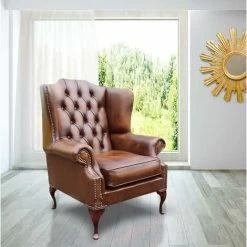 Chesterfield Mallory Flat Wing Queen Anne High Back Wing Chair UK Manufactured Antique Tan Leather