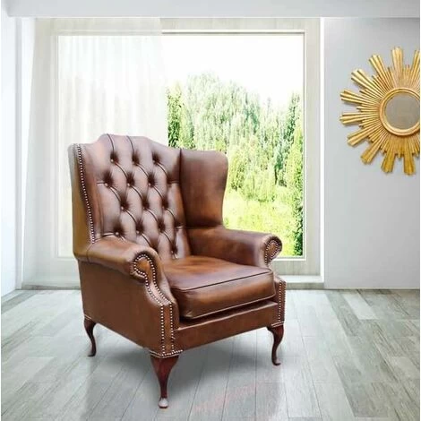 Chesterfield Mallory Flat Wing Queen Anne High Back Wing Chair UK Manufactured Antique Tan Leather 1 Chesterfield Mallory Flat Wing Queen Anne High Back Wing Chair UK Manufactured Antique Tan Leather