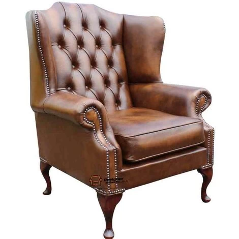 Chesterfield Mallory Flat Wing Queen Anne High Back Wing Chair UK Manufactured Antique Tan Leather 2 Chesterfield Mallory Flat Wing Queen Anne High Back Wing Chair UK Manufactured Antique Tan Leather - Image 2