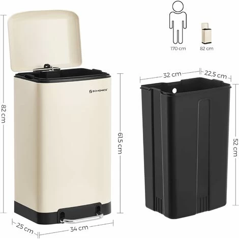 SONGMICS Rubbish Bin, 30L Trash Can, Steel Pedal Bin, With Inner Bucket And Lid, Soft Closure, Airtight, For Kitchen, Living Room, Cloud White LTB001A01 5 SONGMICS Rubbish Bin, 30L Trash Can, Steel Pedal Bin, With Inner Bucket And Lid, Soft Closure, Airtight, For Kitchen, Living Room, Cloud White LTB001A01 - Image 5