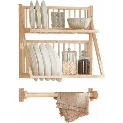 SoBuy Wall Mounted Rubber Wood Kitchen Plate Rack, KCR11-N