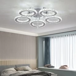 Luxury Crystal 5 Rings Chandelier Modern 50W Led Ceiling Pendant Lamp For Living Room ,Cool White -Elegant Store 57495379 3