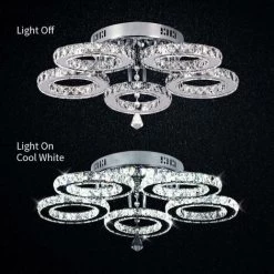 Luxury Crystal 5 Rings Chandelier Modern 50W Led Ceiling Pendant Lamp For Living Room ,Cool White -Elegant Store 57495379 4