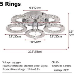 Luxury Crystal 5 Rings Chandelier Modern 50W Led Ceiling Pendant Lamp For Living Room ,Cool White -Elegant Store 57495379 5