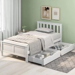 Wooden Solid White Pine Storage Bed With Drawers Bed Furniture Frame For Adults, Kids, Teenagers, Single 190x90cm