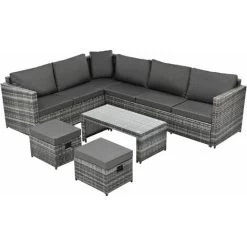Rattan Garden Furniture Set 8 Seater Rattan Sofa Garden Corner Sofa Set Garden Lounge With Coffee Table & 2 Stools