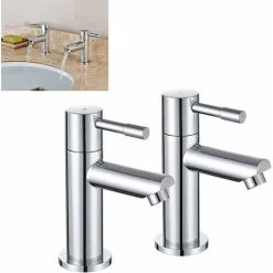 Bathroom Basin Pillar Taps, Pair Basin Sink Mixer Taps, 1/4 Turn Washroom Pair Faucets Twin Lever, 2 Pcs Morden Taps