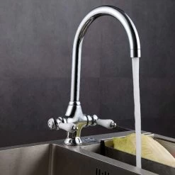 Kitchen Sink Mixer Tap Elegant White Ceramic Dual Lever Monobloc Swivel Spout Chrome Kitchen Taps With UK Standard Fittings -Elegant Store 59500070 3