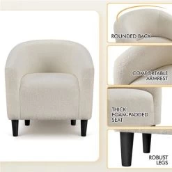 Yaheetech Boucle Club Chair Accent Barrel Chair Upholstered Arm Chair, W70.5 X D65 X H73cm, Ivory -Elegant Store 59610215 3