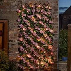 Solar In-Lit Pink Blossom Trellis Leaves And Flowers Artificial Leaf Trellis Panel Spring And Summer Garden Decoration Light Up Climbing Faux Plants Flowers (180 X 90cm)