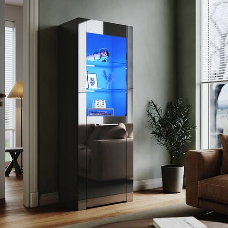 ELEGANT Display Cabinet Black 600 X 350 X 1650 Mm High Gloss Sideboard With Double 5mm Safety Tempered Glass Shelves, LED Light Storage Cabinet 1 ELEGANT Display Cabinet Black 600 X 350 X 1650 Mm High Gloss Sideboard With Double 5mm Safety Tempered Glass Shelves, LED Light Storage Cabinet