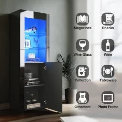 ELEGANT Display Cabinet Black 600 X 350 X 1650 Mm High Gloss Sideboard With Double 5mm Safety Tempered Glass Shelves, LED Light Storage Cabinet 7 ELEGANT Display Cabinet Black 600 X 350 X 1650 Mm High Gloss Sideboard With Double 5mm Safety Tempered Glass Shelves, LED Light Storage Cabinet -Elegant Store 69469689 3