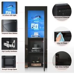ELEGANT Display Cabinet Black 600 X 350 X 1650 Mm High Gloss Sideboard With Double 5mm Safety Tempered Glass Shelves, LED Light Storage Cabinet 8 ELEGANT Display Cabinet Black 600 X 350 X 1650 Mm High Gloss Sideboard With Double 5mm Safety Tempered Glass Shelves, LED Light Storage Cabinet -Elegant Store 69469689 4