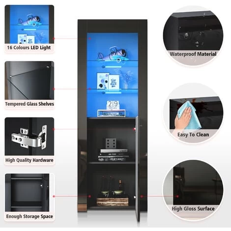 ELEGANT Display Cabinet Black 600 X 350 X 1650 Mm High Gloss Sideboard With Double 5mm Safety Tempered Glass Shelves, LED Light Storage Cabinet 4 ELEGANT Display Cabinet Black 600 X 350 X 1650 Mm High Gloss Sideboard With Double 5mm Safety Tempered Glass Shelves, LED Light Storage Cabinet - Image 4
