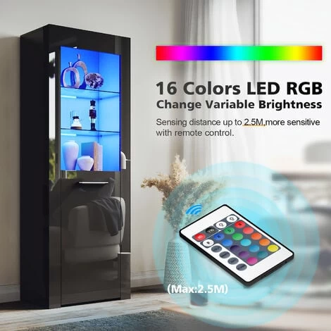 ELEGANT Modern LED Large Display Cabinet In Black High Gloss 1650 X 600 X 35 Mm Cupboard With 5mm Tempered Safety Glass Shelves Sideboard Unit For Living Room 4 ELEGANT Modern LED Large Display Cabinet In Black High Gloss 1650 X 600 X 35 Mm Cupboard With 5mm Tempered Safety Glass Shelves Sideboard Unit For Living Room - Image 4