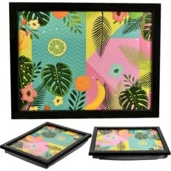 Large Wooden Soft Padded Cushioned Bean Bag Lap Dinner Laptop Food TV Tray (Tropical Fruit)